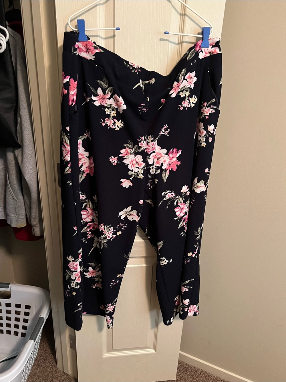 Michel Studio Navy Wide-Leg Pants with Pink Floral Print